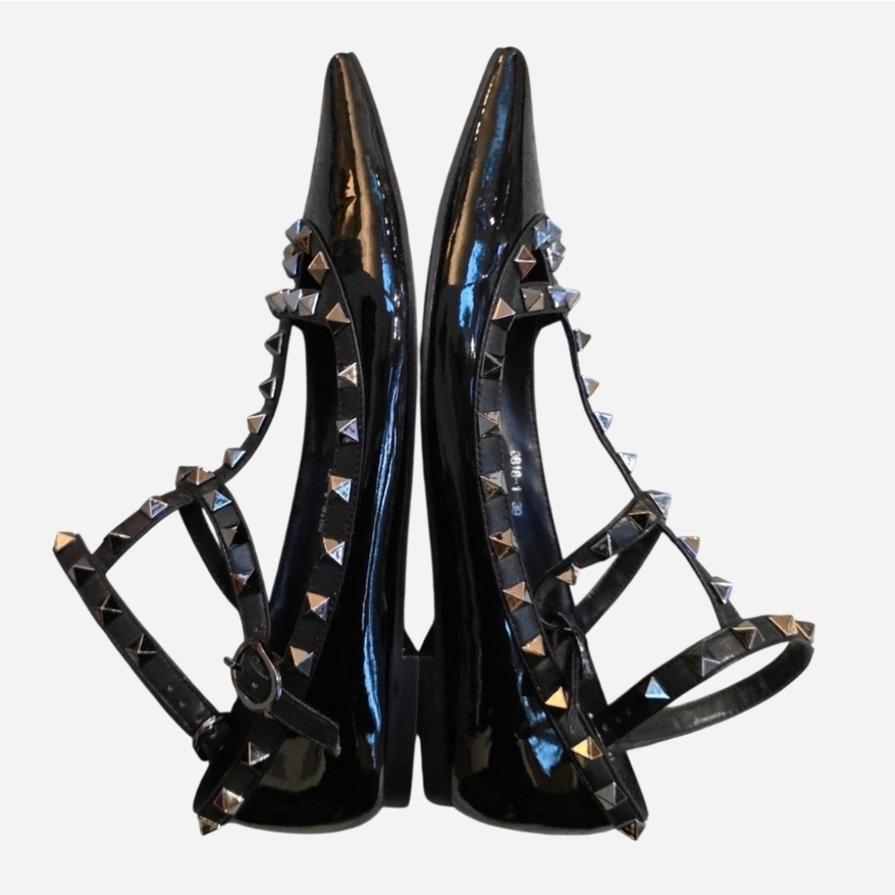 🖤 Nearly New Valentino Garavani Rockstud Black Patent Flats Ankle Strap, Sz8/39 - Picture 7 of 16